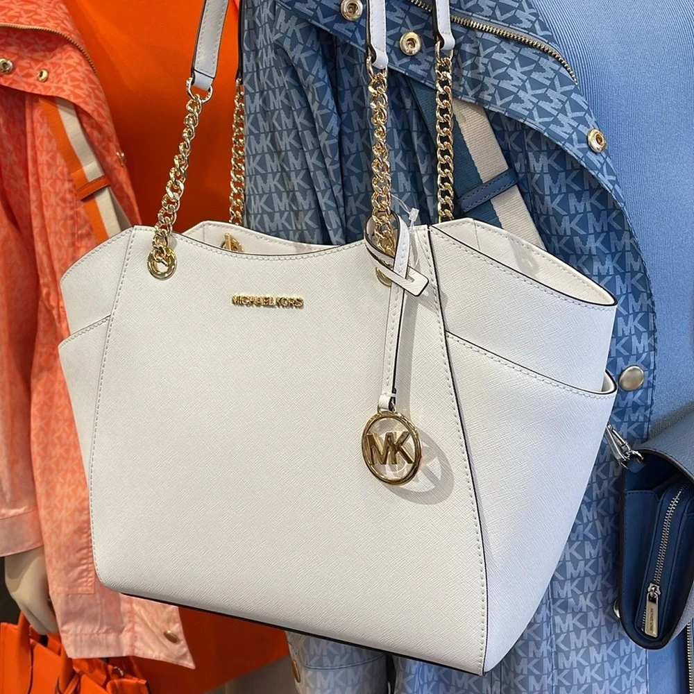 Michael Kors Jet Set Travel Lg Saffiano Leather Chain Shoulder Tote Optic White